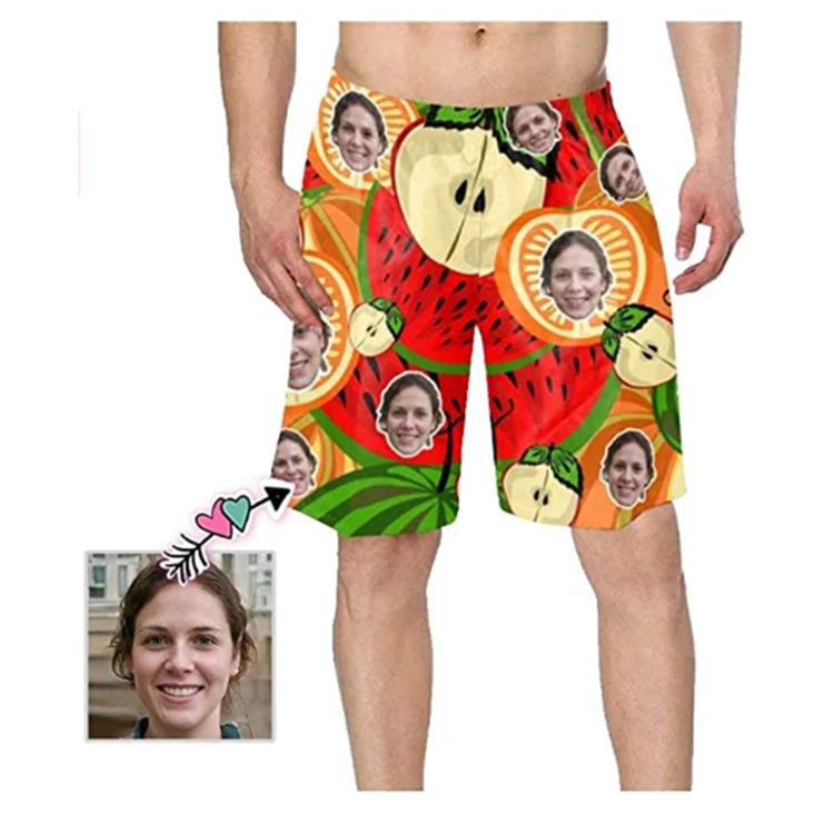 

Dropship Custom printed face Men's beach shorts swim trunks quick dry running classic fit beach hawaiin shorts with mesh lining
