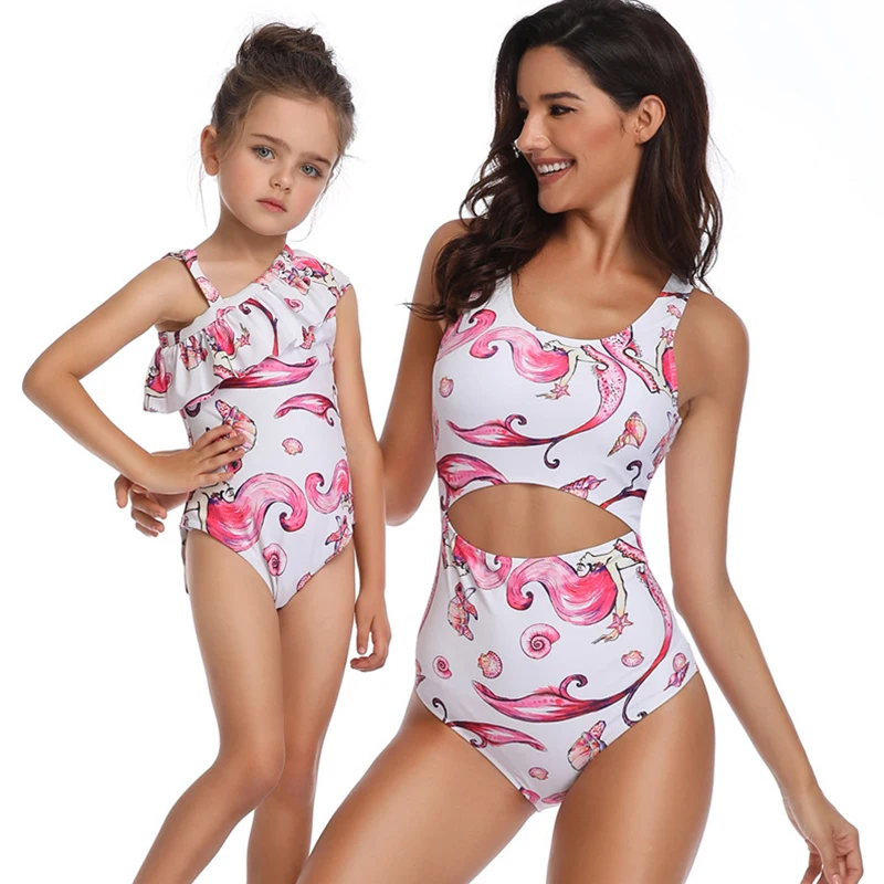 

2020 Mom and Me Matching One-piece Swimwear In-stock Mermaid Print Mommy and Me Matching Swimwear, As picture or customized