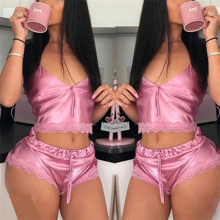 

2021 Summer Solid color V-Neck Sling Elasticity Slim Womens Pajama Sets 2 Piece Women'S Pajama, 3 colors