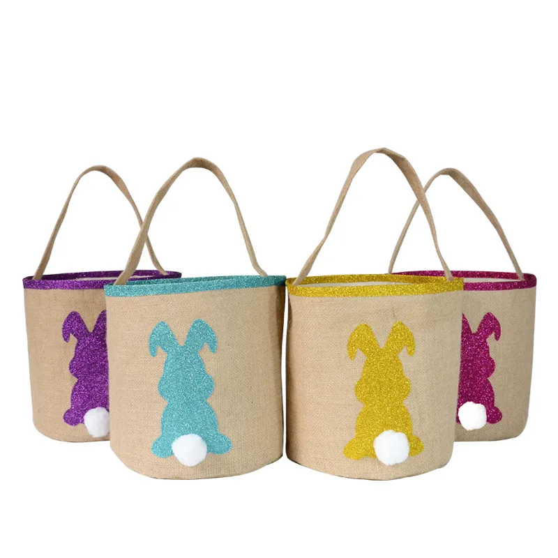 

New Style Cute Kids Glitter Bunny Pattern Jute Egg Hunt Easter Basket Tote Bag, 4 choices