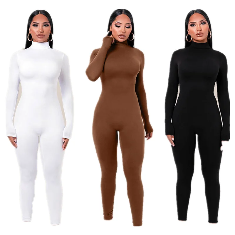 

Stand Neck Full Sleeve Fitness One Piece Jumpsuit Thick Bodycon Women's Sportwear tight jumpsuit Solid Color Gym Yoga Jumpsuit