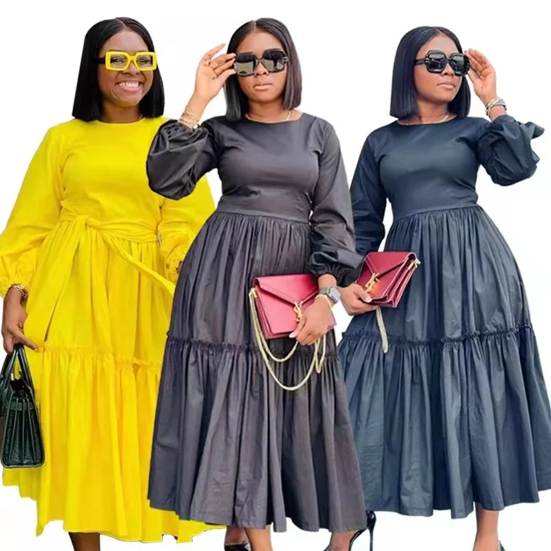 

Fall 2021 Women Clothes Long Sleeve O Neck Loose Maxi Dress Solid Color Elegant Party Dress For Ladies Wear