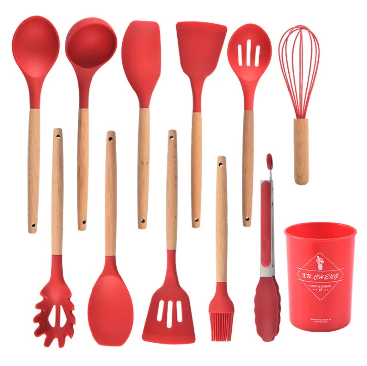 

Wholesale 12 Pieces Food grade Silicone Kitchenware Spatula Silicone Kitchen Utensils Set With Wooden Handles, 7 colors