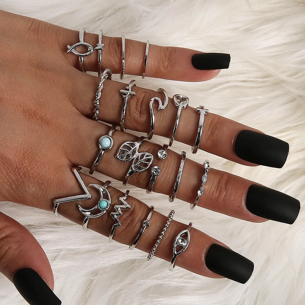 

wholesale 20 piece bohemian rings set women jewelry ring bohemian style moon ring
