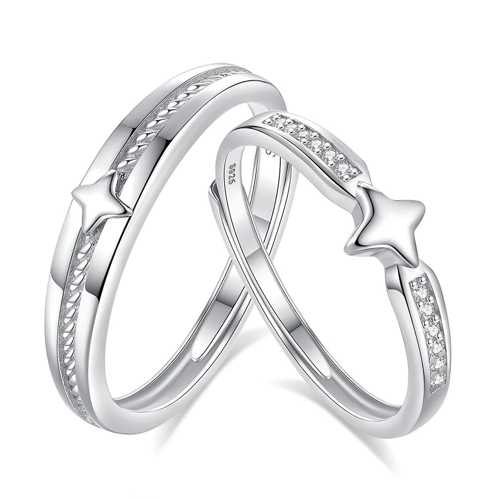Wholesale Factory Price Sterling Silver Couple Rings Star Adjustable Free Size Men Women Matching Rings S925 Silver Ring Set