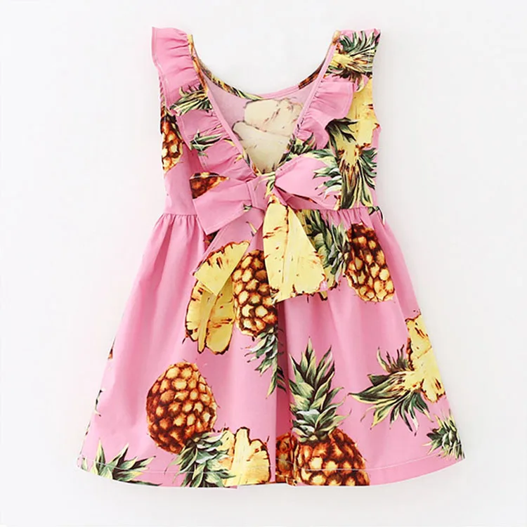 

Logo Pattern Summer Pineapple Girls Dress New Design Backless V Neck Pineapple Print Girls Summer Dress, Picture shows