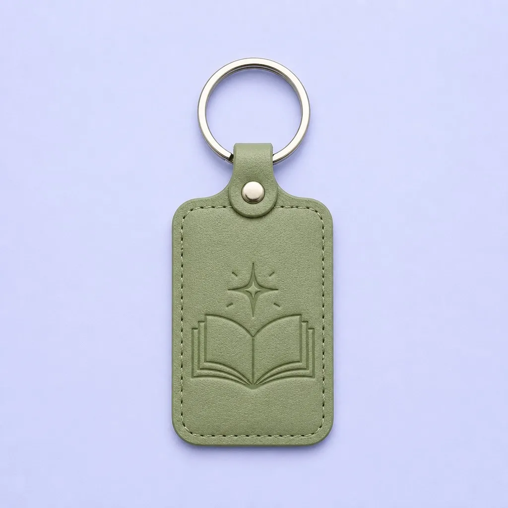 Custom olive green leather keychain with an open book and star emblem, view 2