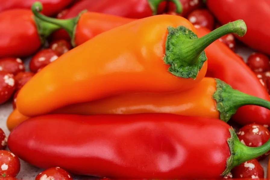 Assorted fresh chillies on wooden table