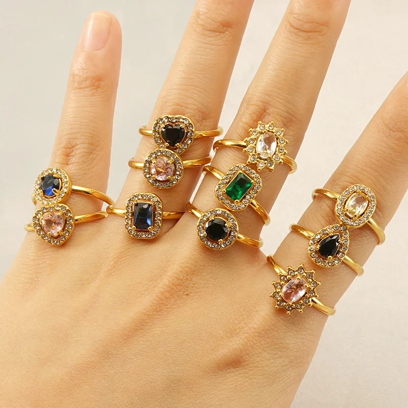 

Luxury Jewelry Stainless Steel 18K Gold Plated Geometric Inlaid CZ Cubic Zirconia Sunflower Open Adjustable Rings YF3325