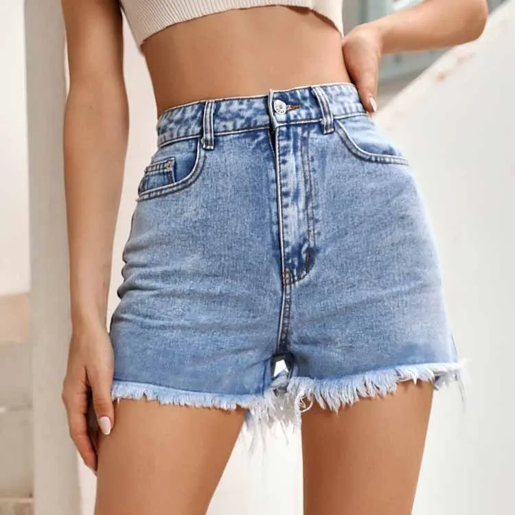 

OEM service simple style casual high waist frayed jean shorts with tassel, Light blue