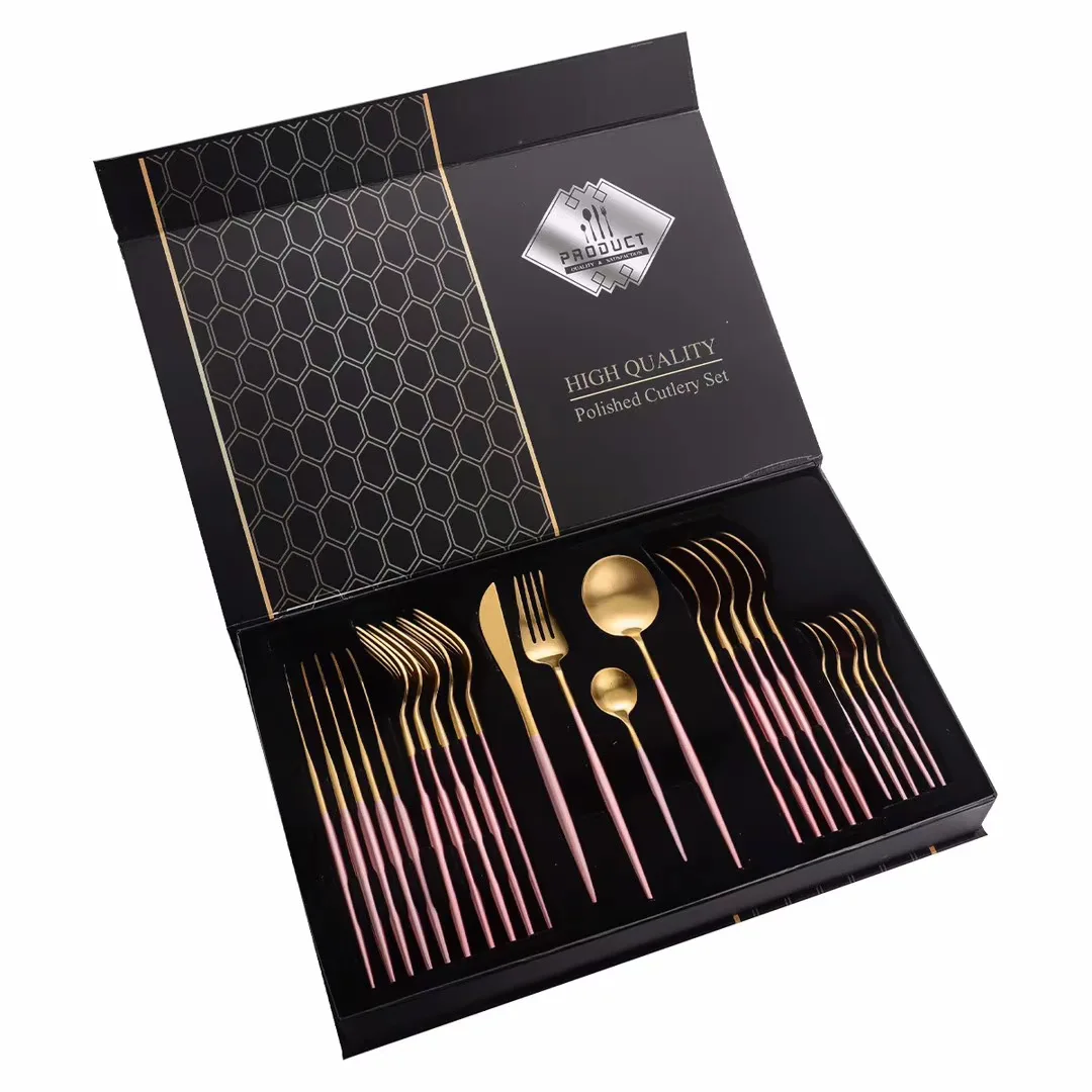 

Titanium PVD Matte Gold Plated Cutlery 24 pcs fork spoon knife flatware gifts set box