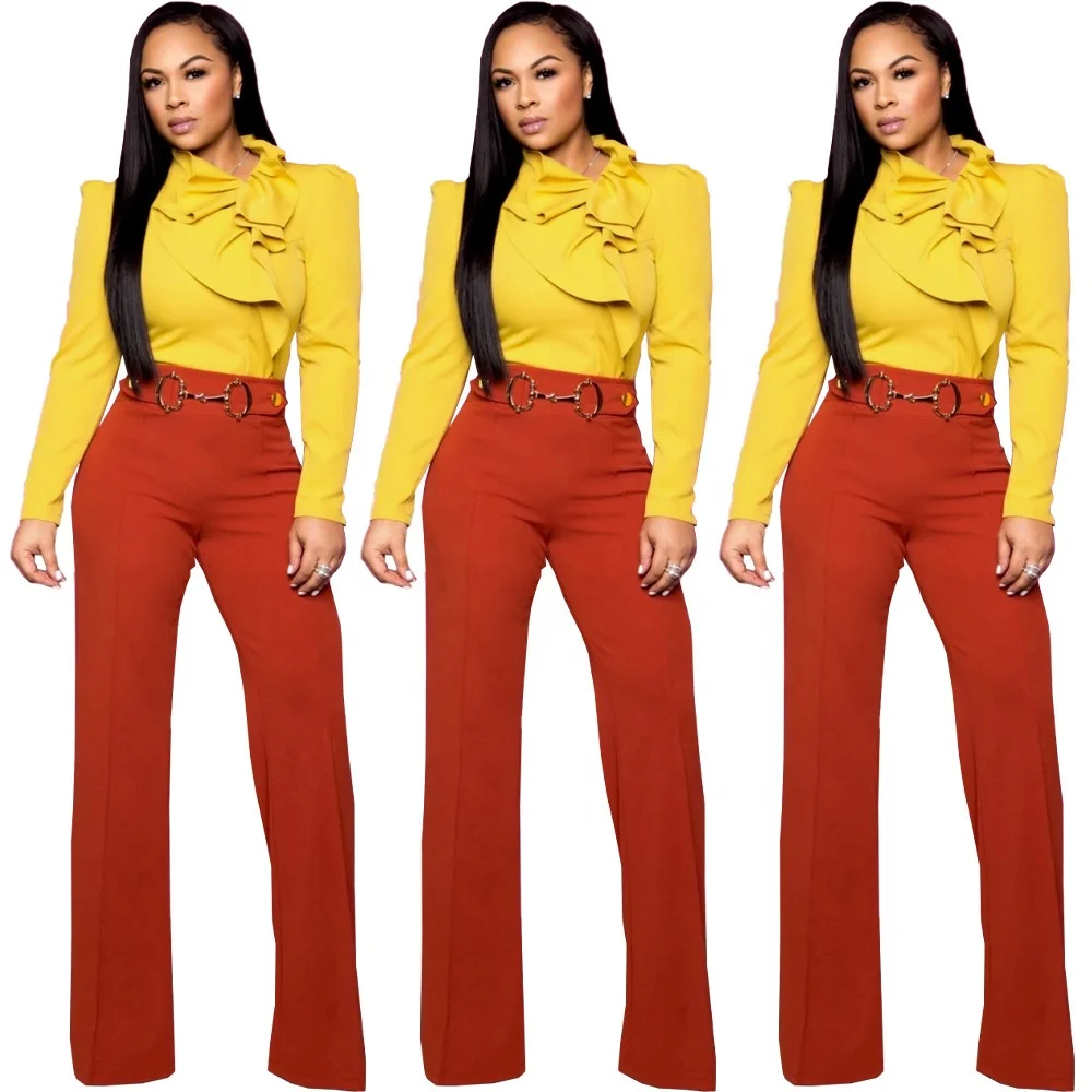 

B51797A Women hot selling casual pure color fashion flouncing blouse, Yellow