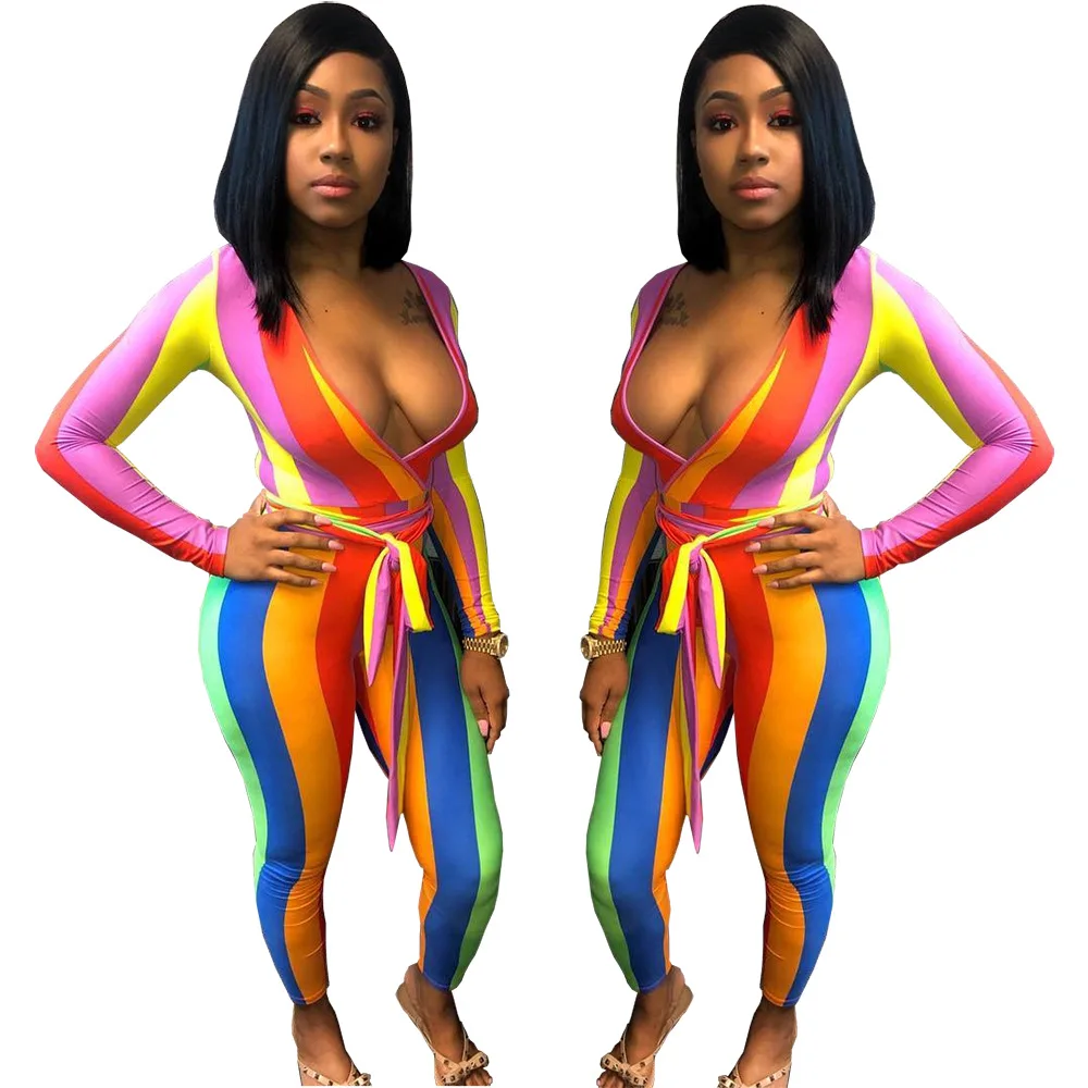 

B53415A Fashion stripe print Europe women sexy v neck hot sale jumpsuit, Shown