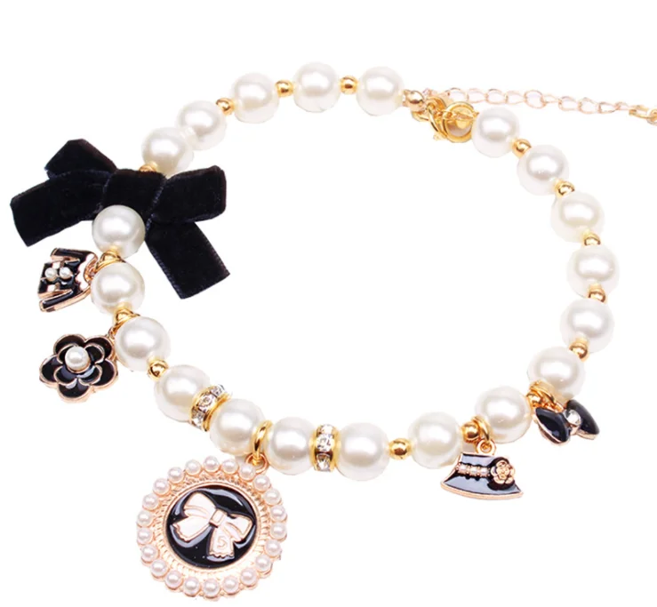 

Pet accessories dog chain teddy pearl necklace lace bow bell for small size dogs
