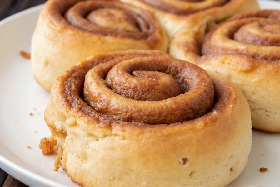 Close-up of perfectly gooey cinnamon roll with melted sugar oozing from the center, showing the spiral layers and sticky texture