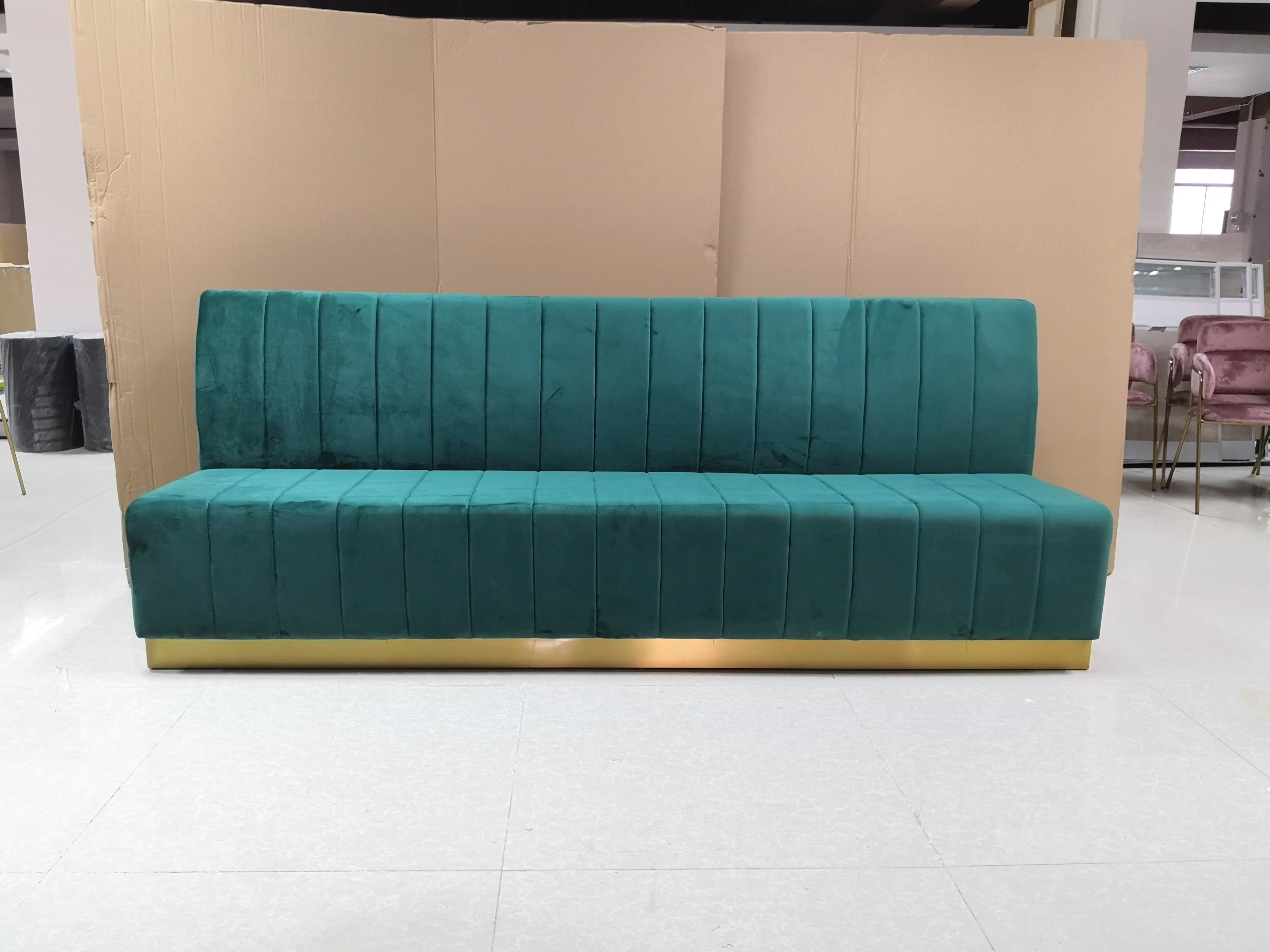 
Green velvet restaurant sofa booth seating custom make Long wall bench gold base restaurant furniture 