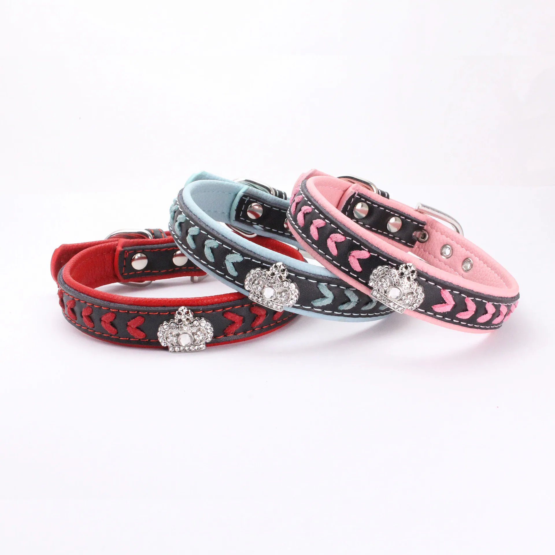 

promotion chic design glitter rhinestone genuine leather pet collars leashes, Many