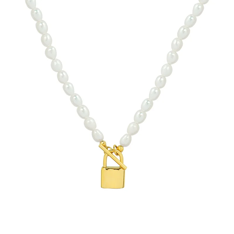 

Waterproof Jewelry 18K Gold Plated Stainless Steel OT Clasp Locket Lock Padlock Pendant Freshwater Pearl Choker Necklace
