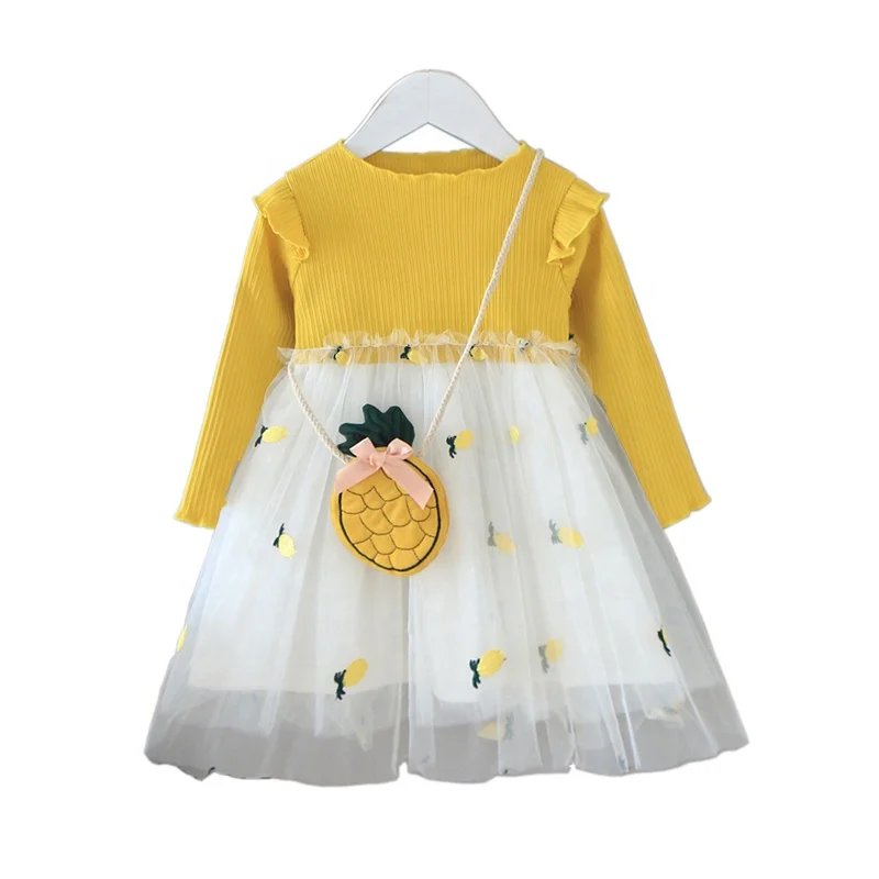 

New Listing Spring Autumn Yellow Pink 1-3 Years Old One Piece Skirt O-Neck Knitted Pleat Baby Girls Cotton Dresses
