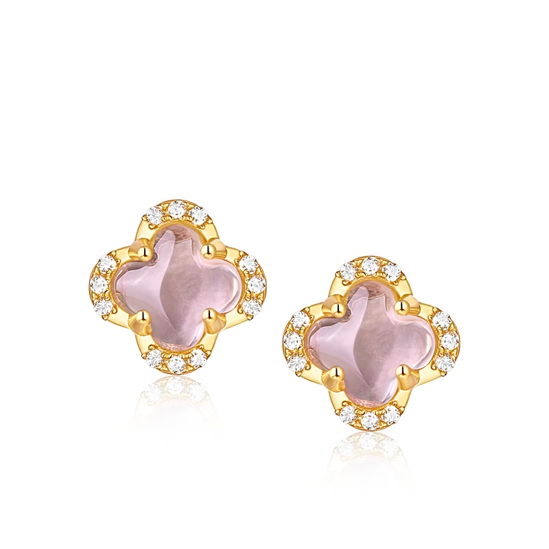 

Lucky Sterling silver 925 jewelry gold stud rose quartz four leaf clover earrings