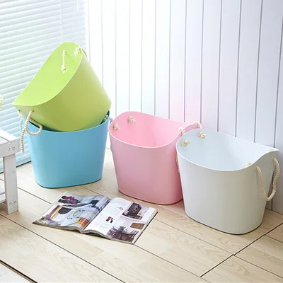

Large capacity candy color bathroom toilet sundries receiving basket Oem laundry basket plastic storage bucket with rope handle, Colours