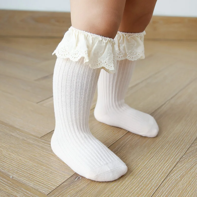 

20 autumn and winter big lace combed cotton baby socks in tube boneless non-slip baby floor socks female double needle children, 4 colors