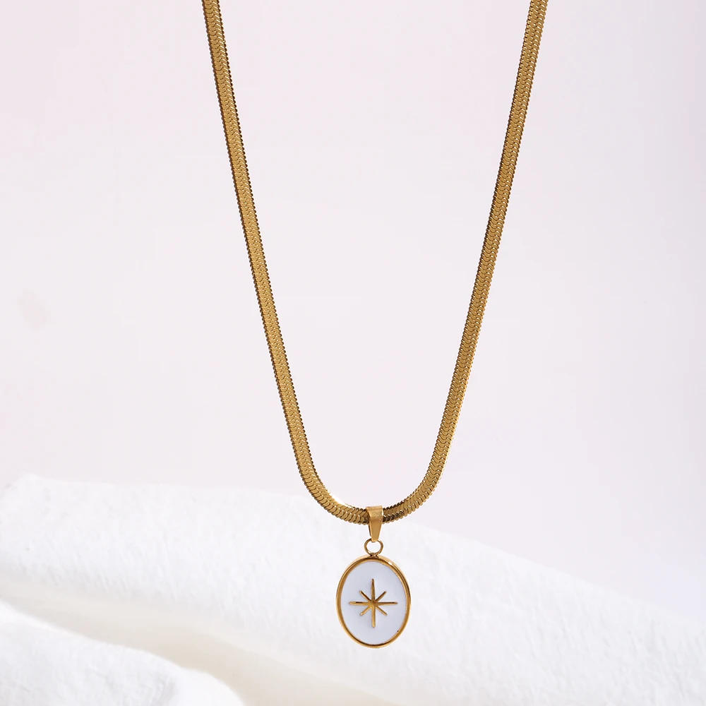 

316L Stainless Steel Flat Snake Chain Herringbone Chain Starburst Enamel Pendant Choker Necklace For Women Girl Tarnish Free, Gold