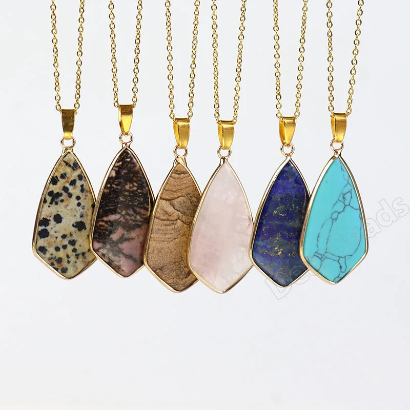 Bulk Factory Crystal Jasper Jade Rose Quartz Polygon Gemstone Necklaces Rhombus Stone Necklace