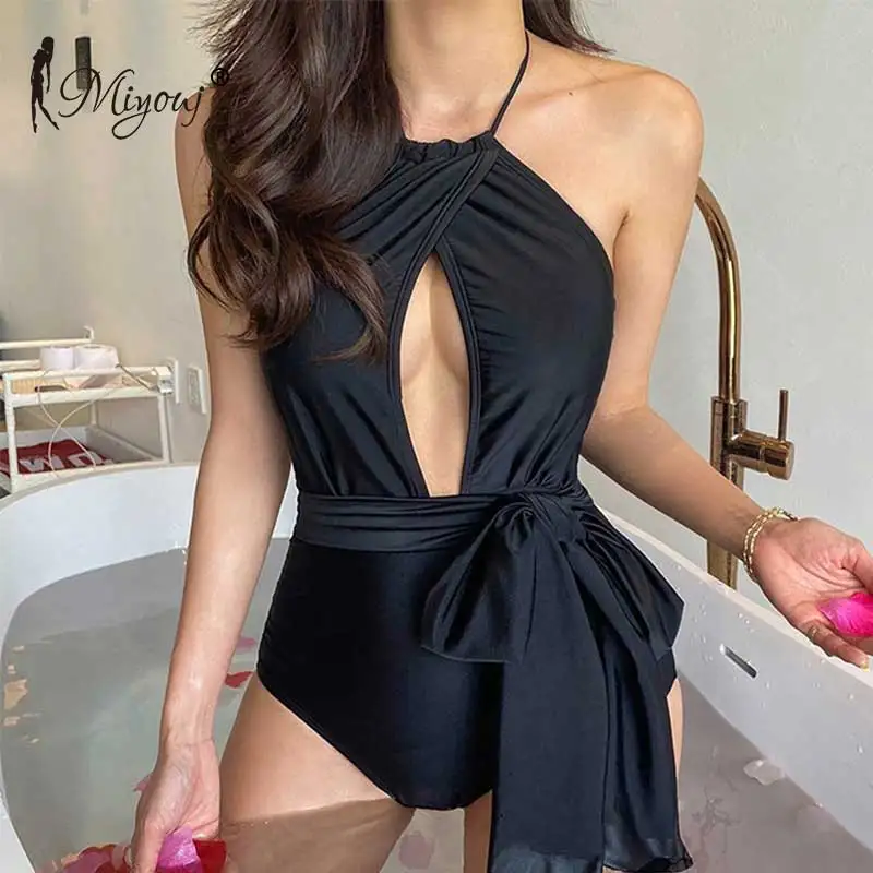 

Miyouj Sexy one piece bathing suit hollow out beachwear women string swimwear black classic woman swimsuits with waist belt, Customized colors