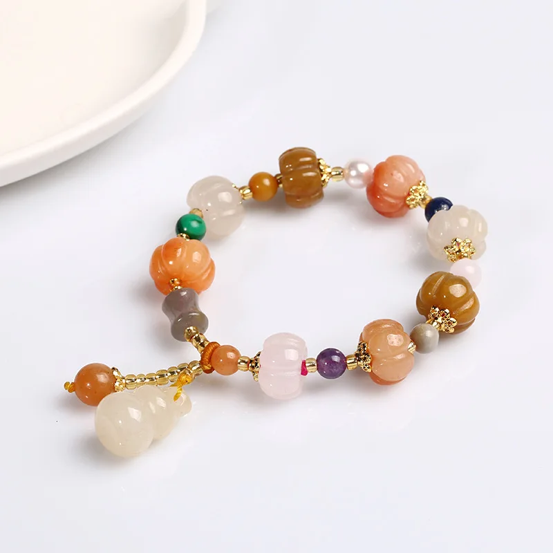 

Natural golden silk jade bracelet, pumpkin beads, bamboo knot hanging gourd PIYAO pendant lucky charm bracelet, 2 different color