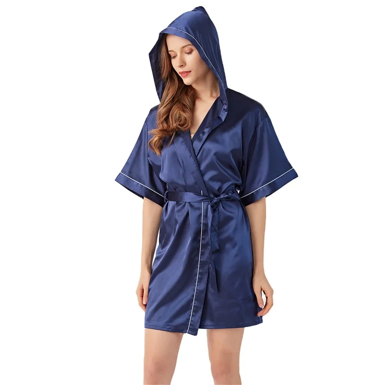 

Luxury customization plain dyed hoodie polyester silk pajamas brides bathrobe, 12 colors
