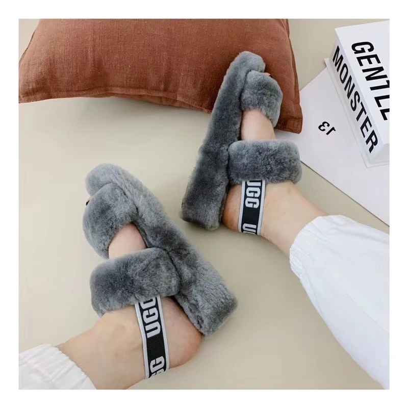 

summer open toe sheepskin women fashion uggging slides for women, Black/orange/red/grey