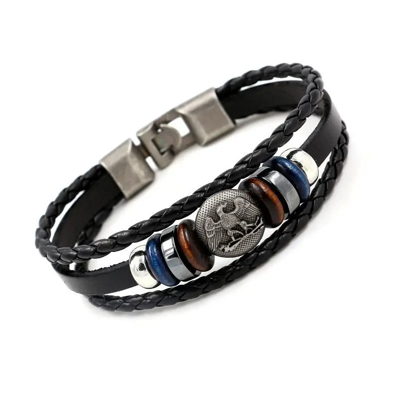 

Beaded Buckle Cowhide Bracelet New Jewelry Eagle Leather Bracelet Wholesale Jewelry for men and women, Golden