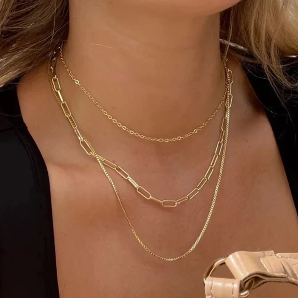 

Vintage 18K Gold Plated Paperclip Box Chain Layered Necklace Stainless Steel Triple Layer Necklace