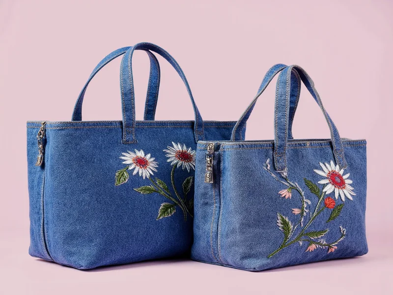 Blue denim tote bags with embroidered floral designs