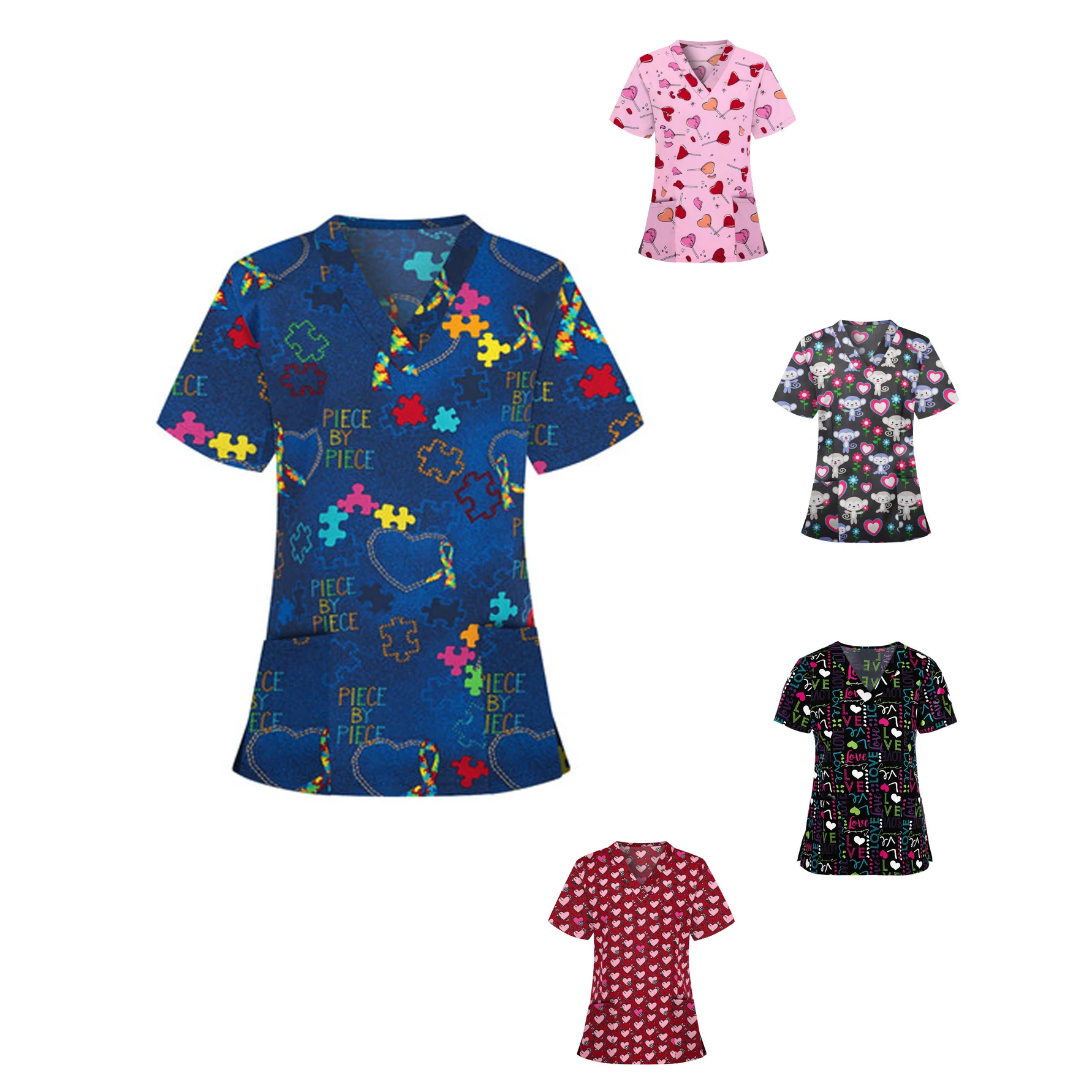 

2021 new hand washing clothes short sleeve surgical clothes doctor and nurse summer cosmetology overalls printed shirt, Shown