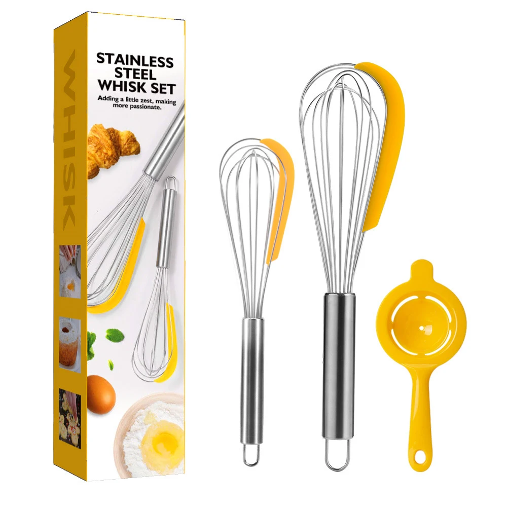 

Kitchen Balloon Whisk Set with silicone scraper include 2pc Stainless Steel Whisk 10" +13" and egg separator for Blending, Yellow