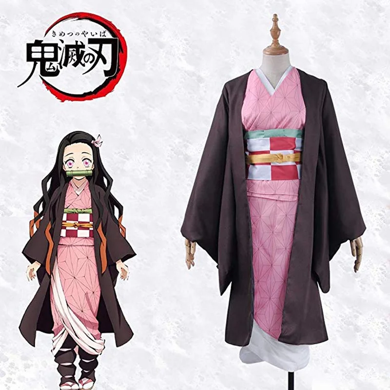 

Adult Halloween Costumes Demon Slayer Kimetsu no Yaiba Kamado Nezuko Cosplay Costume Kimono + Gift Bamboo Prop+Wig