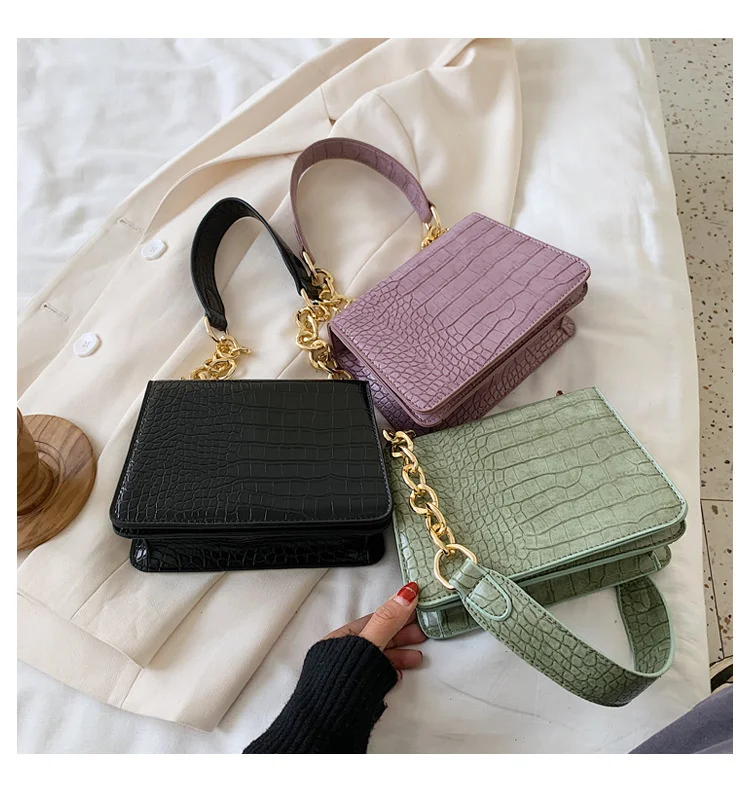 

Hot selling crocodile pattern pu leather women handbags shoulder crossbody bags ladies sling purse with chain, 4colors