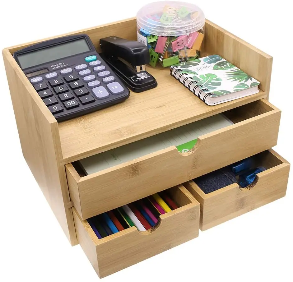 
3 Tier Bamboo Desk Organizer with 3 Drawers for Desktop Office Supplies Kitchen and Home  (1700000470498)