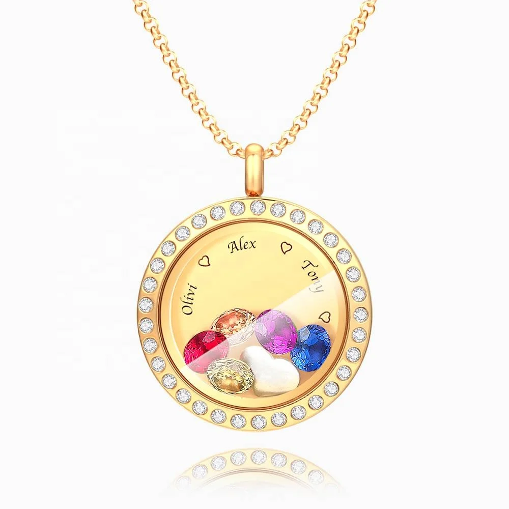 

Customize Jewlry Gold Plated Round Shape Personalised Colorful Birthstone Engravable Pendant Floating Locket Necklace