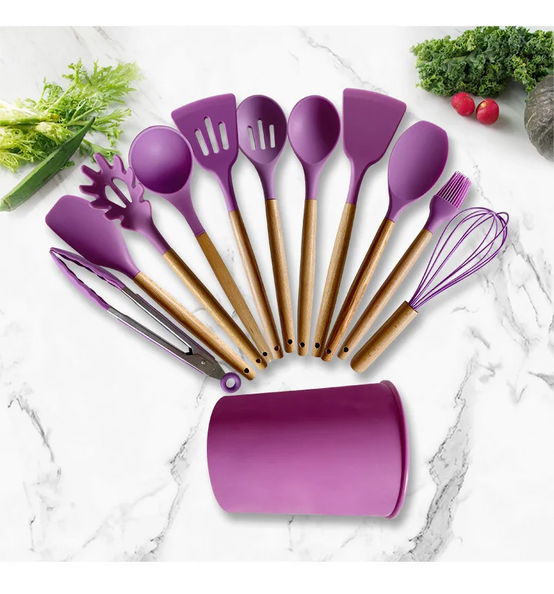 

New Design Food Grade Heat Resistant Silicone 11pcs Wooden Kitchen Toy Utensils, Multicolor optional