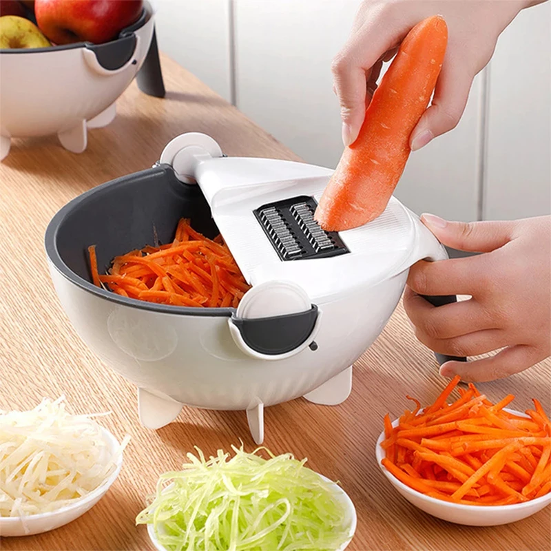 

9 in 1 Magic Multifunctional Rotate Vegetable Cutter With Drain Basket Kitchen Veggie Fruit Shredder Grater Slicer Drop Shipping, White