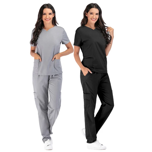 

Simple solid color slim pocket V-neck short sleeve nurse uniform suit