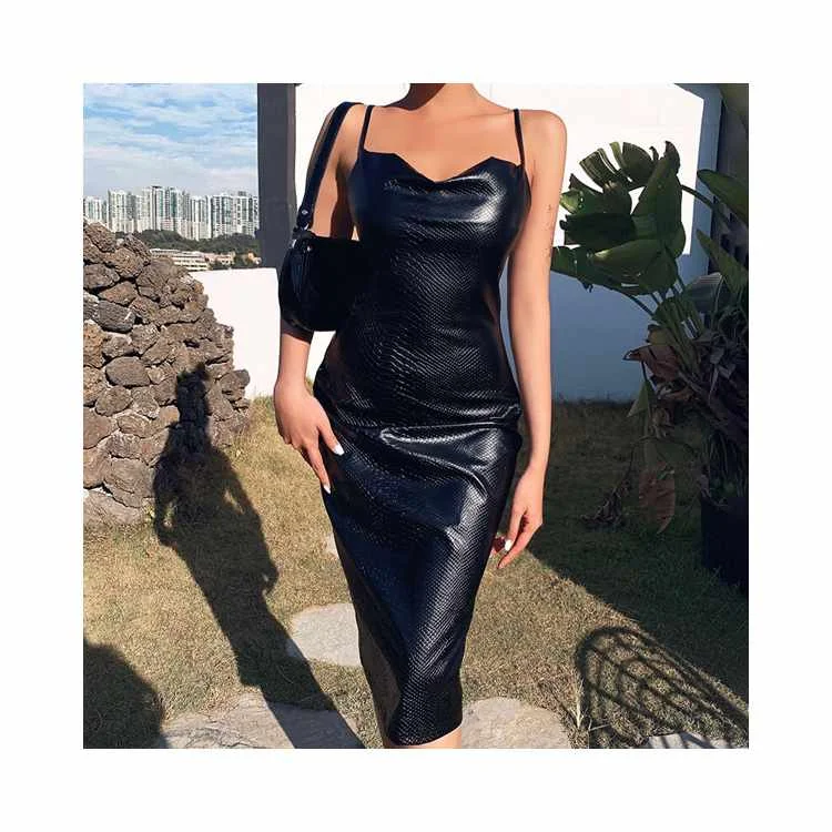 

Sexy Strapless Pu Leather Bodycon Women Solid Backless Sleeveless Club Midi Dress