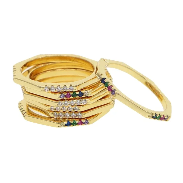 

14K Gold Plated Rainbow Diamond Stacked Ring Thin Octagon Circle Rings