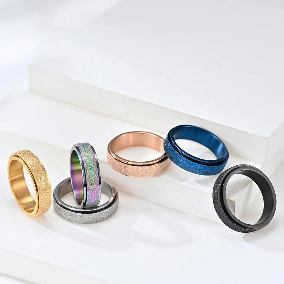 

New Fashion 6mm 6 Colors Spinner Ring Women Men Stress Release Rotatable Sandblasting Stainless Steel Bands Casual Tail Rings
