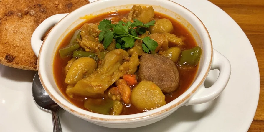 Final shot of a beautifully plated green chile stew with sides and garnishes.