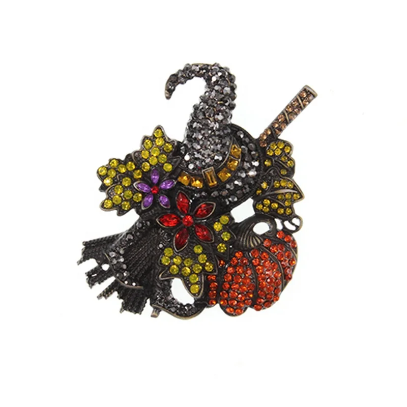 

Large Halloween Broom hat pumpkin boot Crystal brooch