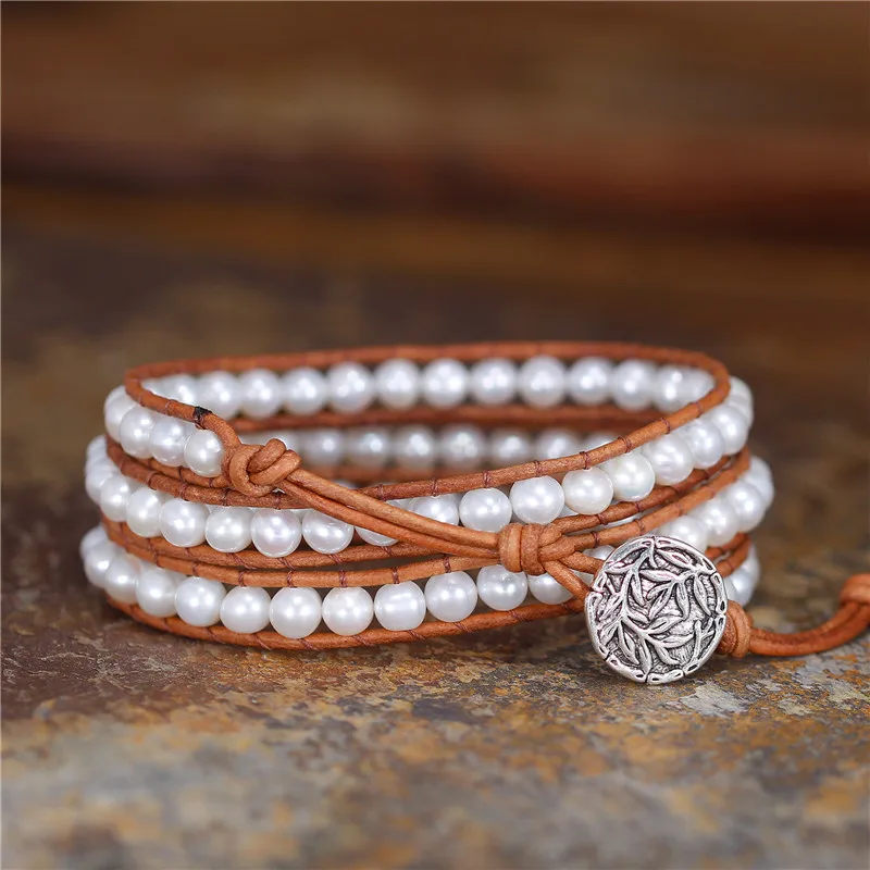

Handmade Boho 6mm White Freshwater Pearl Leather Wrap Bracelet Beach Bracelet for Girl Bridesmaid Friendship bracelet Jewelry